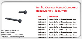 Tornillo Cortical Rosca Completa, de la Mano y Pie 2.7mm 