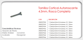 Tornillos Corticales Autorroscante 4.5mm, Rosca Completa